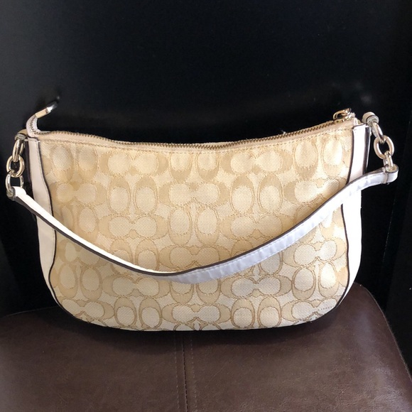 COACH Ivory Neutral C Logo Fabric Top Handle Top Zipper Leather Trim Bag - Picture 5 of 15